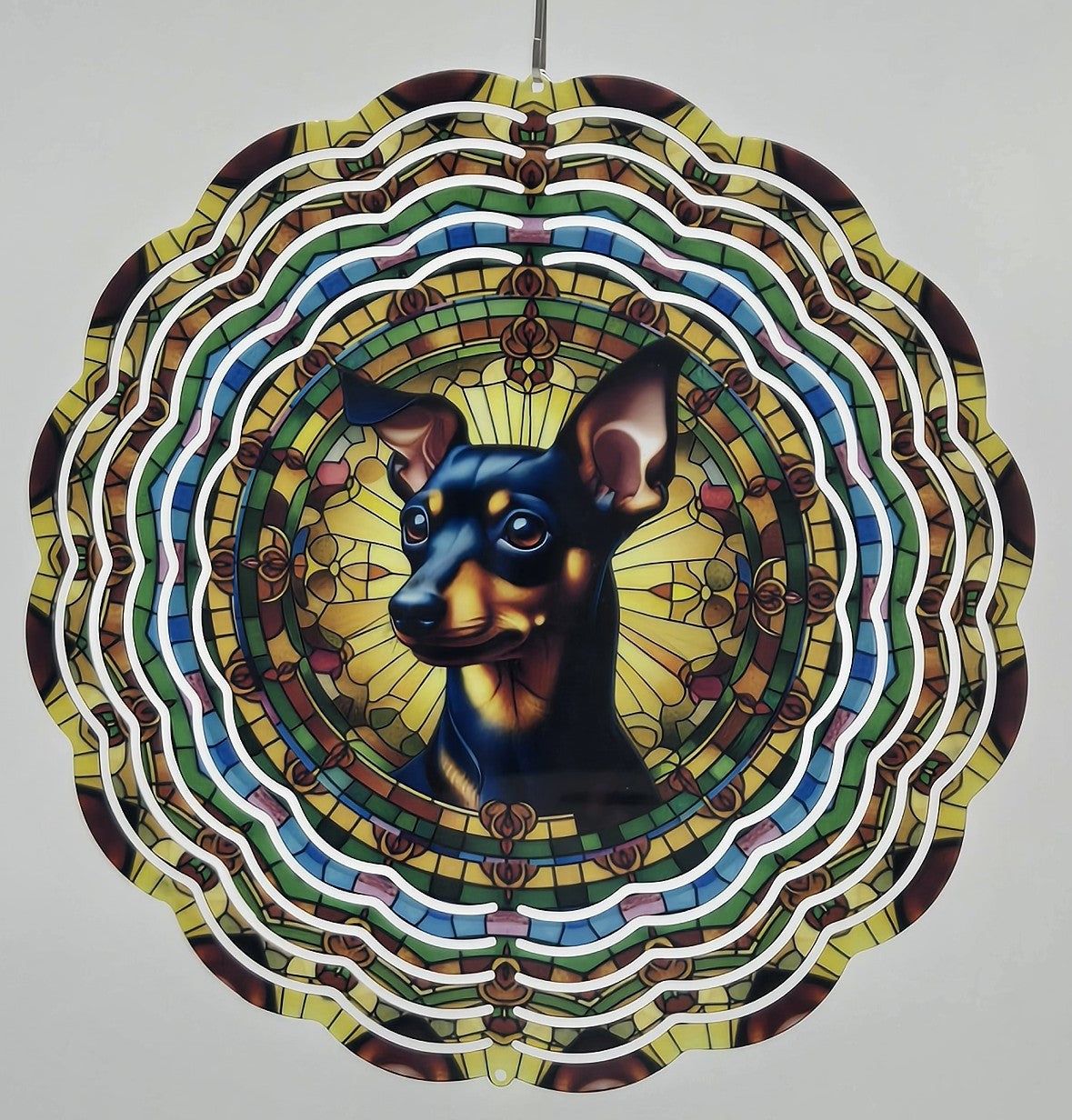 Miniature Pinscher Dog Wind Spinner – Stained Glass Style Outdoor Garden Art & Pet Memorial Gift
