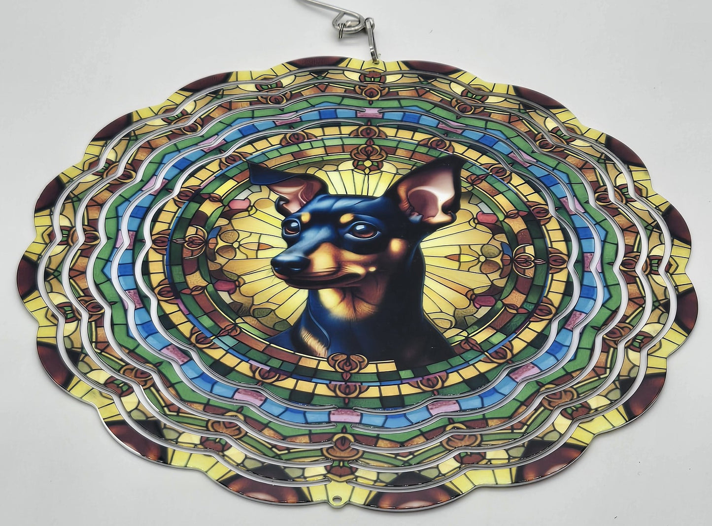 Miniature Pinscher Dog Wind Spinner – Stained Glass Style Outdoor Garden Art & Pet Memorial Gift