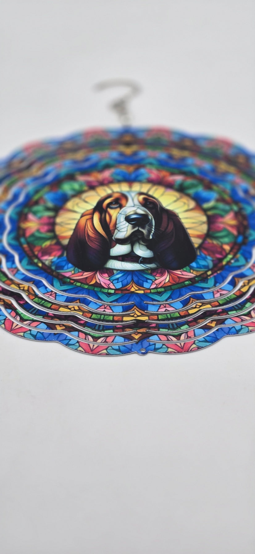 8" Basset Hound Wind Spinner – Stained Glass Style Dog Lover Gift, Outdoor Garden or Pet Memorial Décor