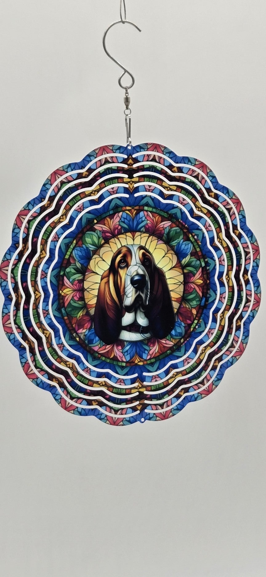 8" Basset Hound Wind Spinner – Stained Glass Style Dog Lover Gift, Outdoor Garden or Pet Memorial Décor
