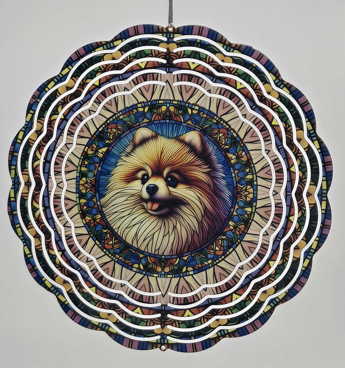 Pomeranian Dog Wind Spinner – Stained Glass Style Outdoor Garden Art & Pet Memorial Gift