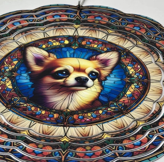 8" Stained Glass Style Chihuahua Wind Spinner – Handcrafted Pet Lover Gift, Outdoor Garden or Memorial Décor