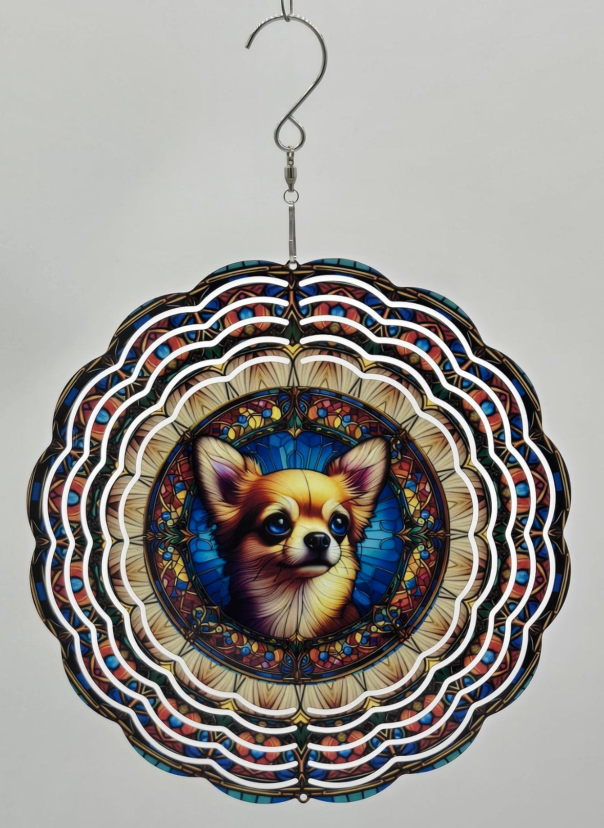 8" Stained Glass Style Chihuahua Wind Spinner – Handcrafted Pet Lover Gift, Outdoor Garden or Memorial Décor