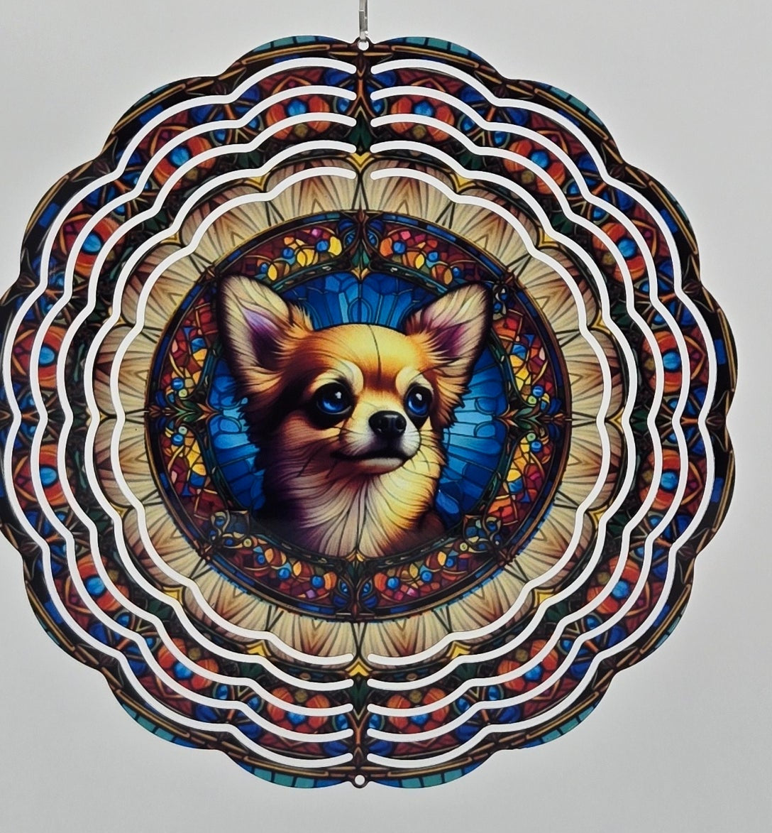 8" Stained Glass Style Chihuahua Wind Spinner – Handcrafted Pet Lover Gift, Outdoor Garden or Memorial Décor