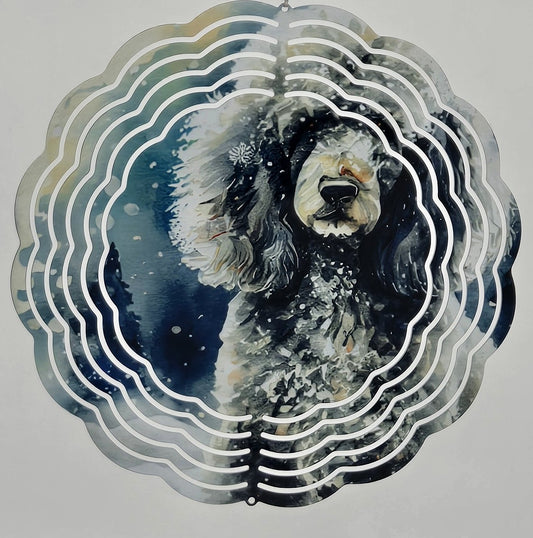 Winter Poodle Dog Wind Spinner – Outdoor Garden Art, Pet Memorial Gift, Snowy Dog Lover Décor