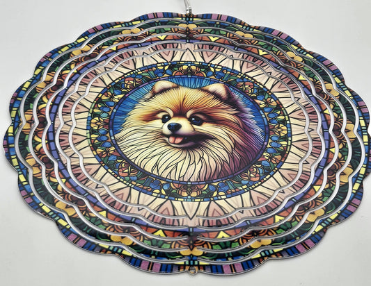 Pomeranian Dog Wind Spinner – Stained Glass Style Outdoor Garden Art & Pet Memorial Gift